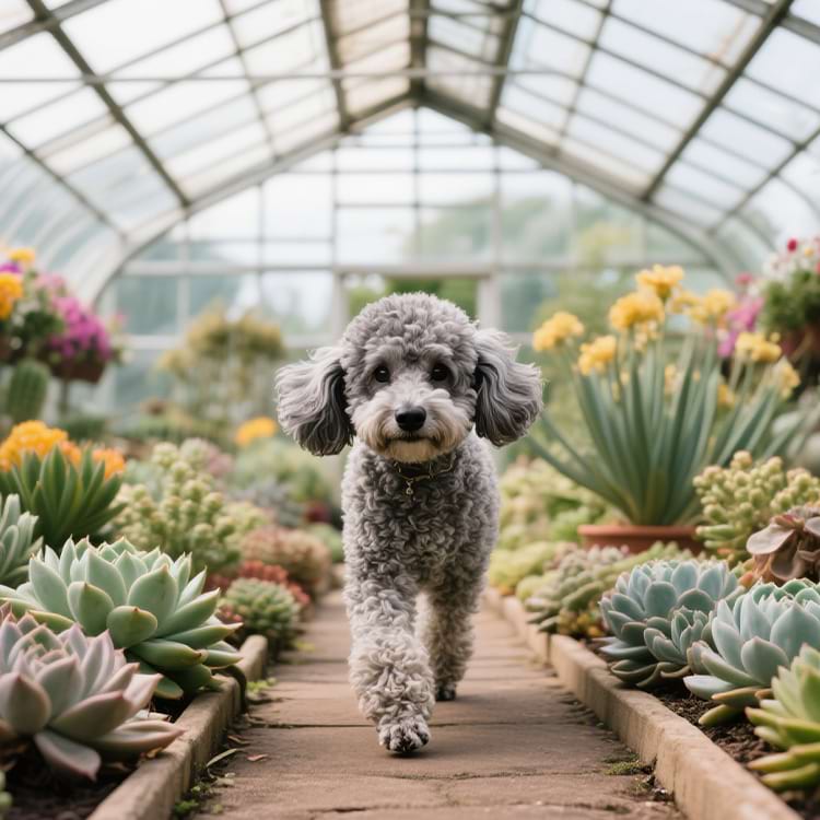 Grey Poodle exploring a greenhouse filled with succulents.