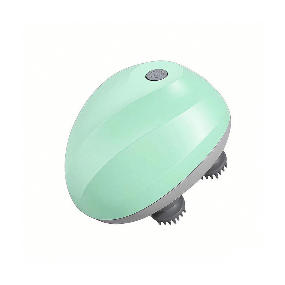 Handheld cat head massager in light green, offering an ergonomic grip for effortless grooming and relaxation.