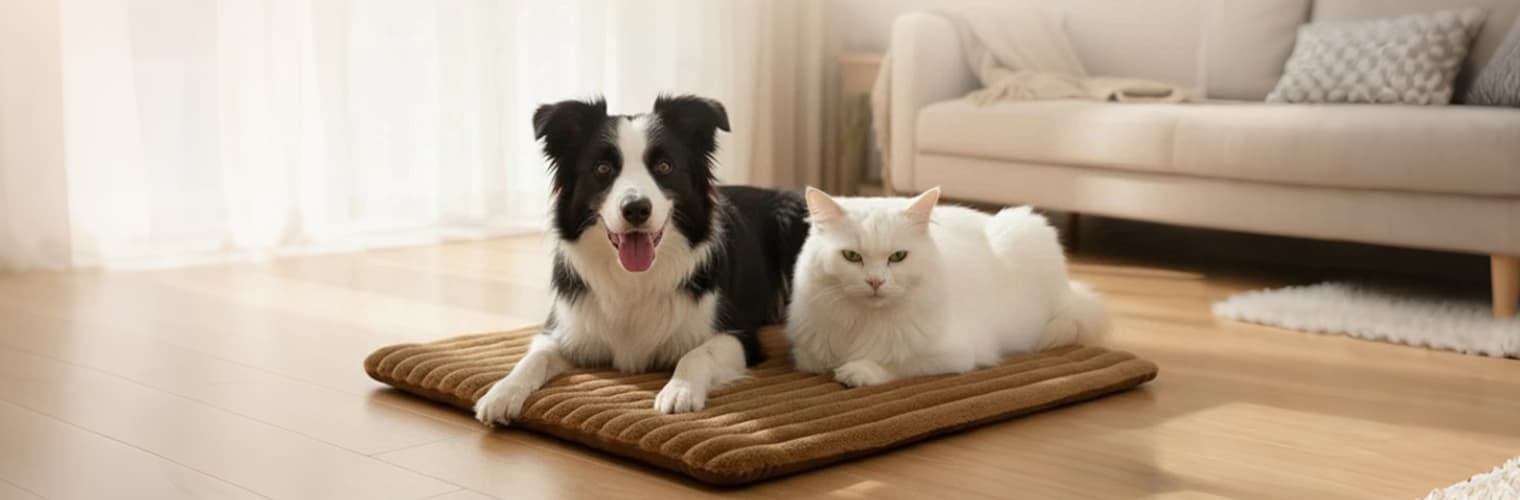 The same dog and cat now sharing a copper brown Self Warming Pet Mat, enjoying the thermal reflective warmth and orthopedic support together.