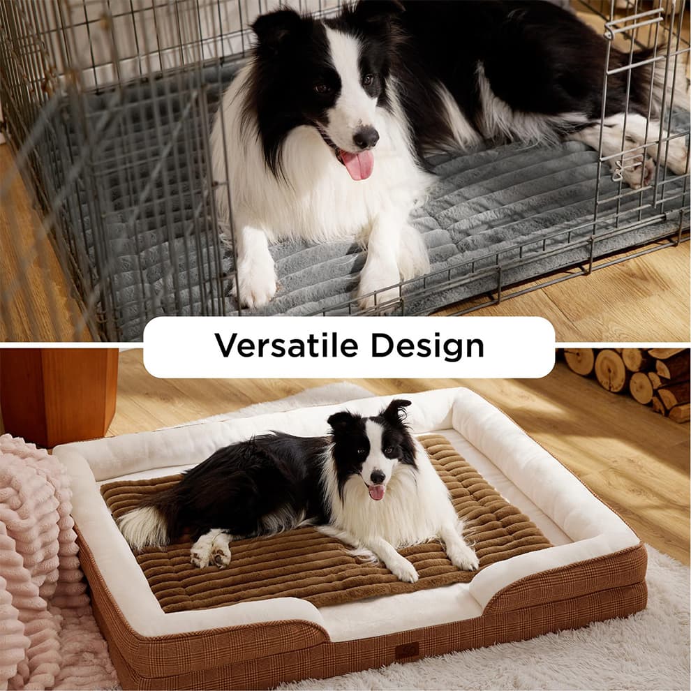 Versatile usage showing a Border Collie using the mat inside a wire crate and as a bed liner, functioning as ideal heated pet beds for dogs.