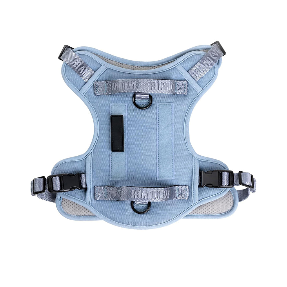 Heavy duty dog harness in light blue, offering a secure, escape-proof fit with adjustable straps for medium to large breeds.