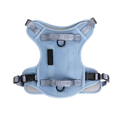 Heavy duty dog harness in light blue, offering a secure, escape-proof fit with adjustable straps for medium to large breeds.