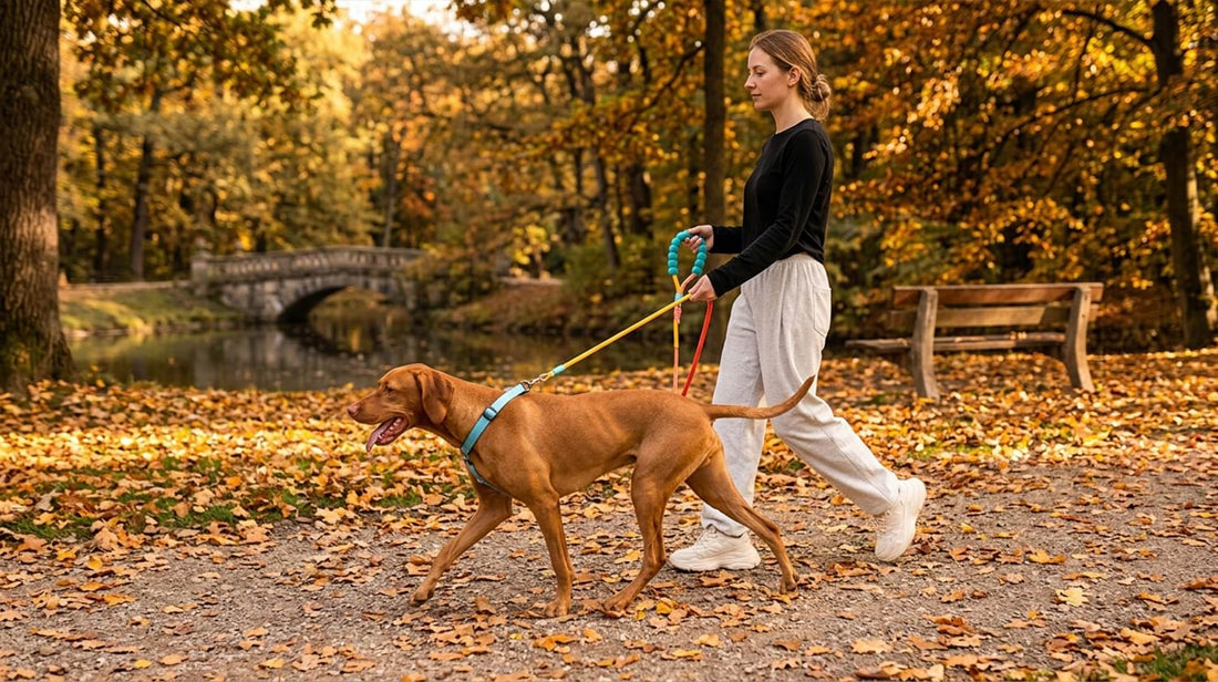 Heavy-duty rope leash providing reliable control and comfort for an owner walking her energetic dog through a beautiful autumn park.