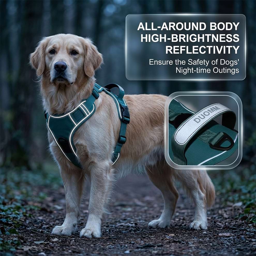 High-brightness reflective dog harness on a Golden Retriever, ensuring all-around body visibility and safety during night-time outings.