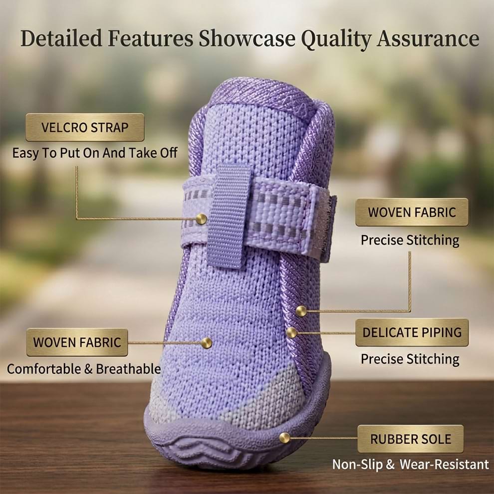 High-quality mesh dog boots detailing precise stitching, delicate piping, adjustable velcro straps, and a rugged non-slip rubber sole.