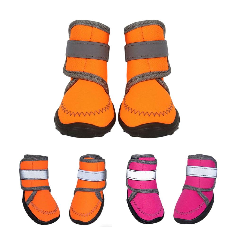 High Top Dog Boots in orange with reflective straps and rugged non-slip sole for outdoor hiking and walking.