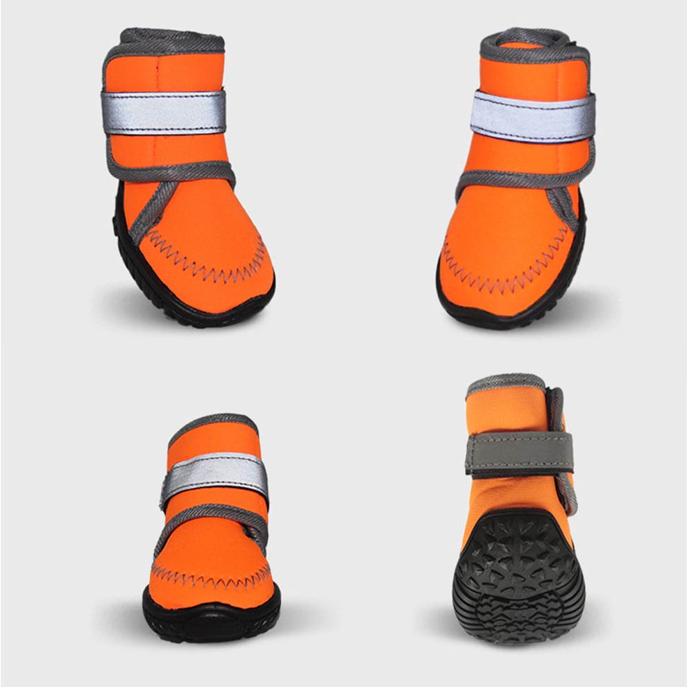 High Top Dog Boots in Orange color showing front, side, and sole views, featuring high-visibility reflective straps for night safety and hiking.