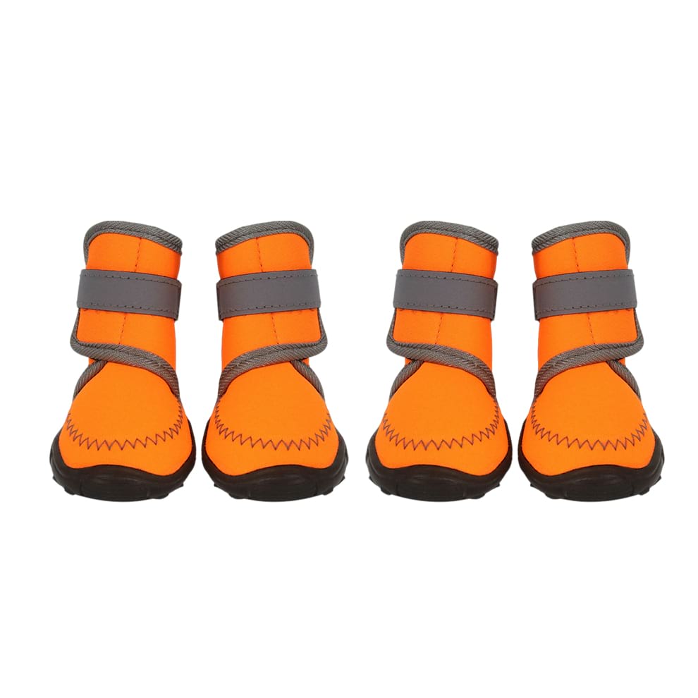 High Top Dog Boots in vibrant orange, featuring water-resistant neoprene and reflective velcro straps for secure, all-weather paw protection.