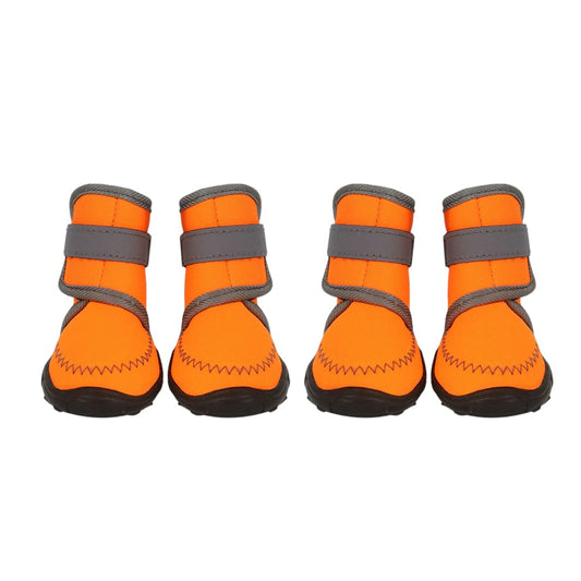 High Top Dog Boots in vibrant orange, featuring water-resistant neoprene and reflective velcro straps for secure, all-weather paw protection.