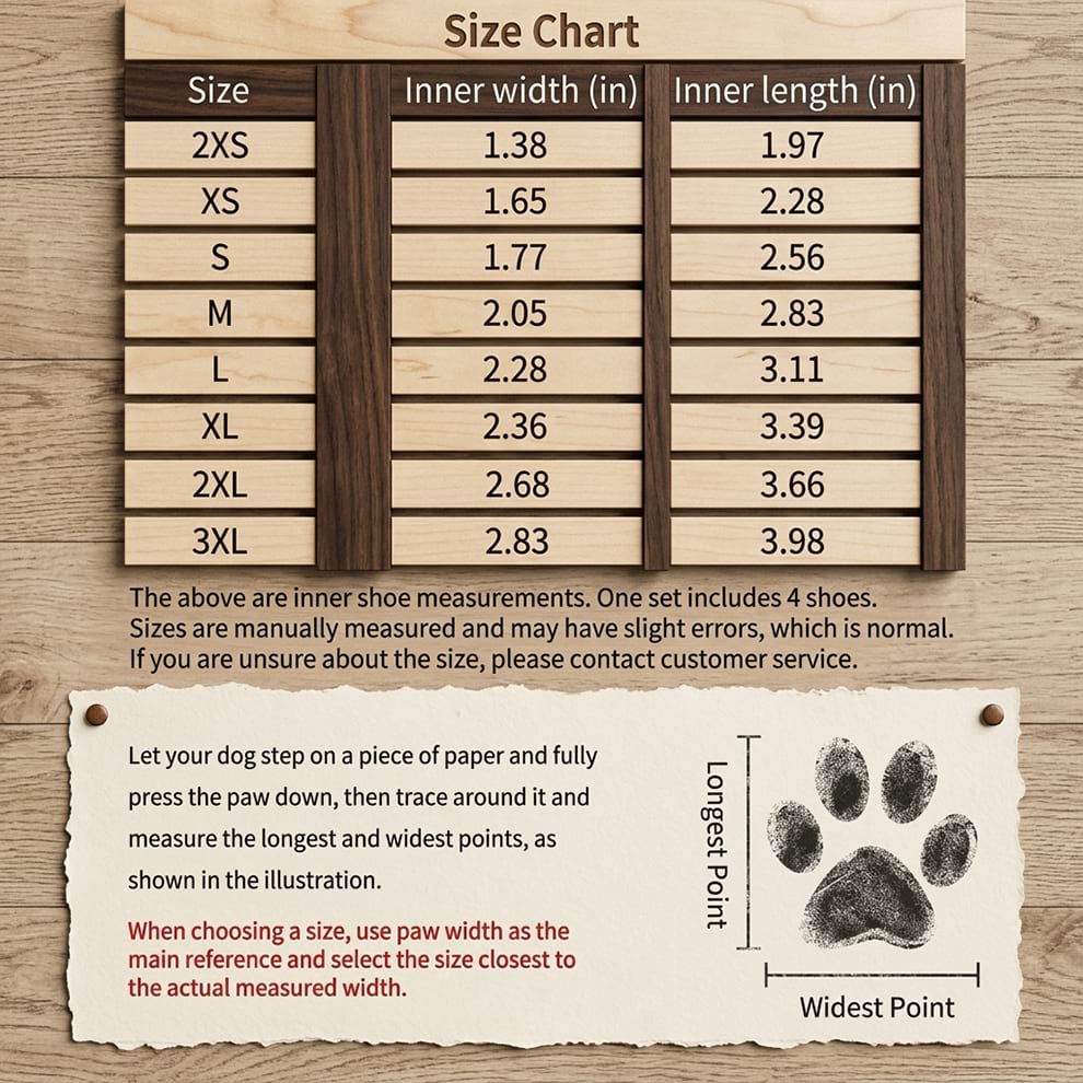High top dog boots size chart and measurement guide, helping pet owners find the perfect fit by measuring the inner width and length.