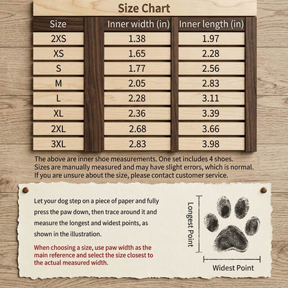 High top dog boots size chart and measurement guide, helping pet owners find the perfect fit by measuring the inner width and length.