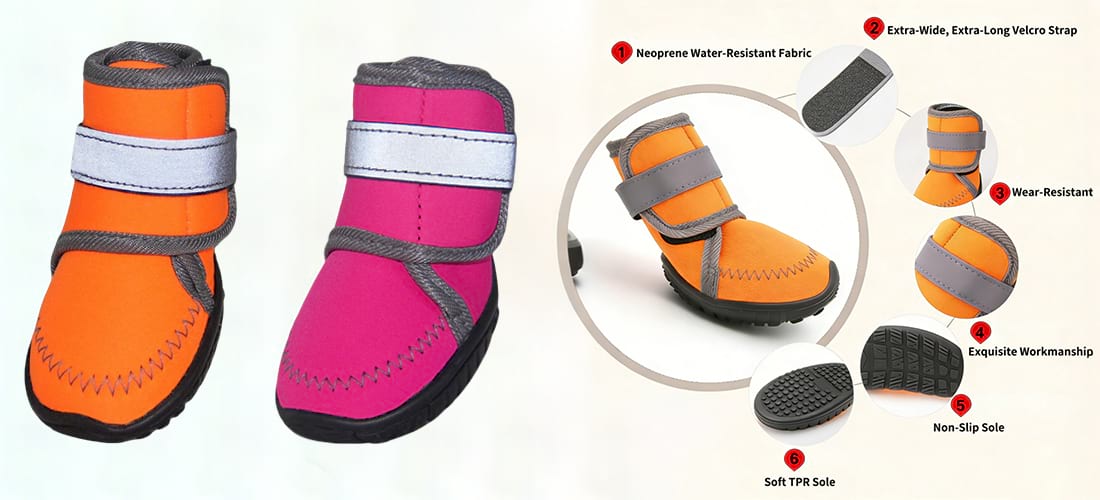 Technical features of High Top Dog Boots: 1. Neoprene water-resistant fabric, 2. Extra-wide velcro strap, 3. Wear-resistant body, 4. Exquisite workmanship, 5. Non-slip sole, and 6. Soft TPR sole.