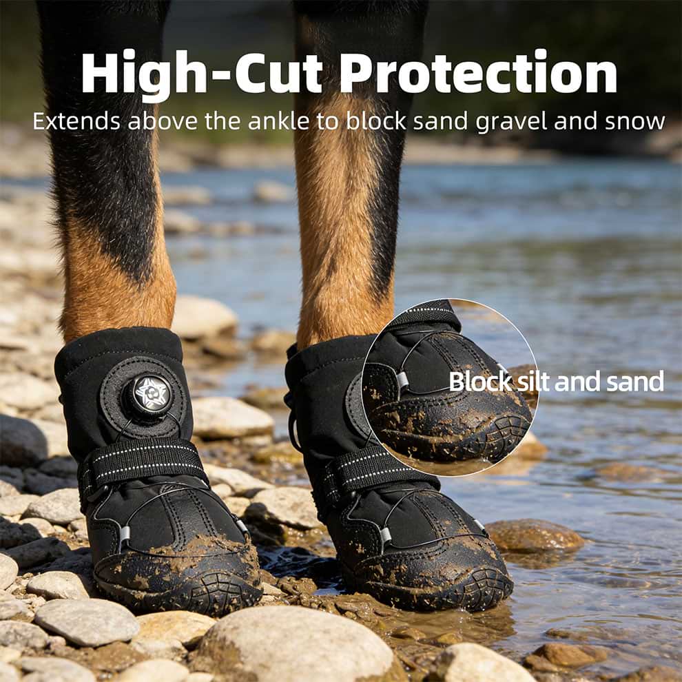 High-top waterproof dog shoes blocking mud, sand, and water from entering while walking in a river.