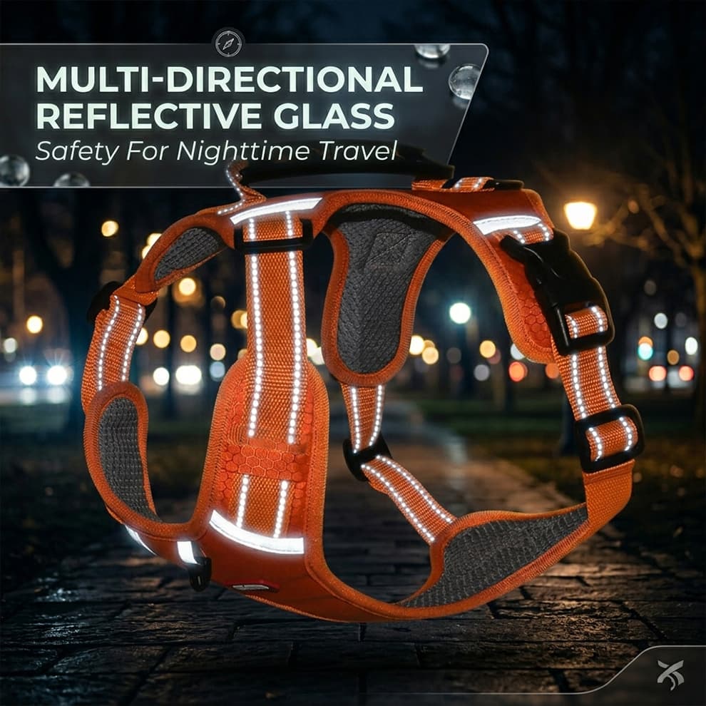 High-visibility reflective dog harness equipped with multi-directional reflective glass threads, ensuring maximum safety for nighttime travel.