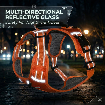 High-visibility reflective dog harness equipped with multi-directional reflective glass threads, ensuring maximum safety for nighttime travel.