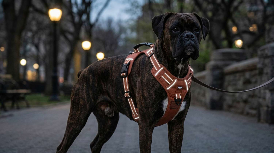 High-visibility reflective large dog harness on a Boxer dog, ensuring maximum safety and visibility during low-light conditions.