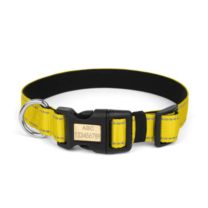 High visibility yellow dog collar combining bright nylon webbing with thick reflective threads for ultimate nighttime security.