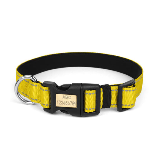 High visibility yellow dog collar combining bright nylon webbing with thick reflective threads for ultimate nighttime security.