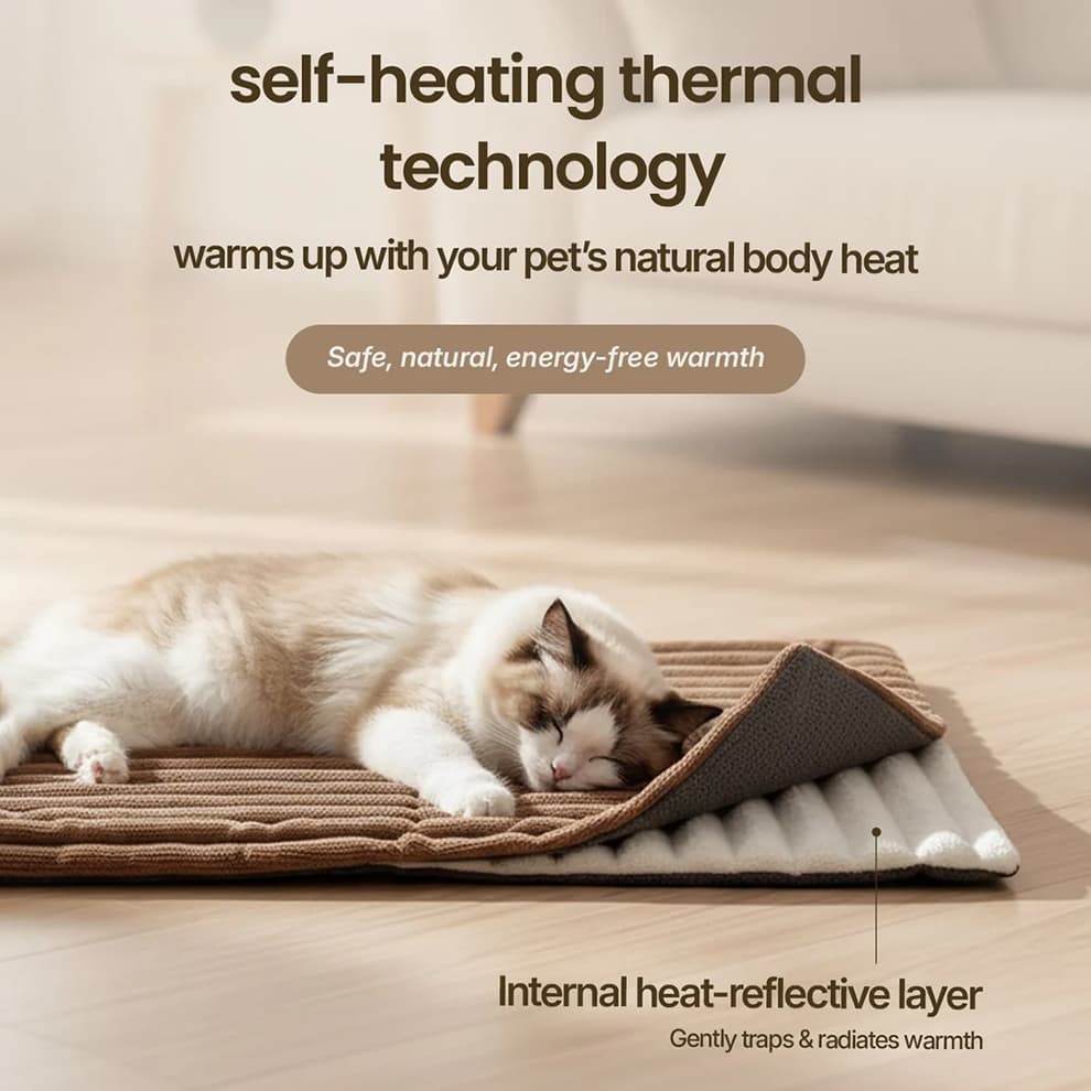 Cat sleeping on the mat with a corner lifted to reveal the internal heat-reflective layer of the self heating cat bed that traps natural body heat.