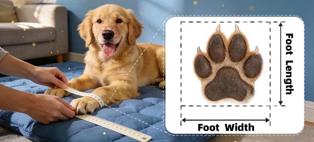 Dog shoes measurement method: Visual guide showing how to measure foot length and width on a dog paw to select the correct boot size.
