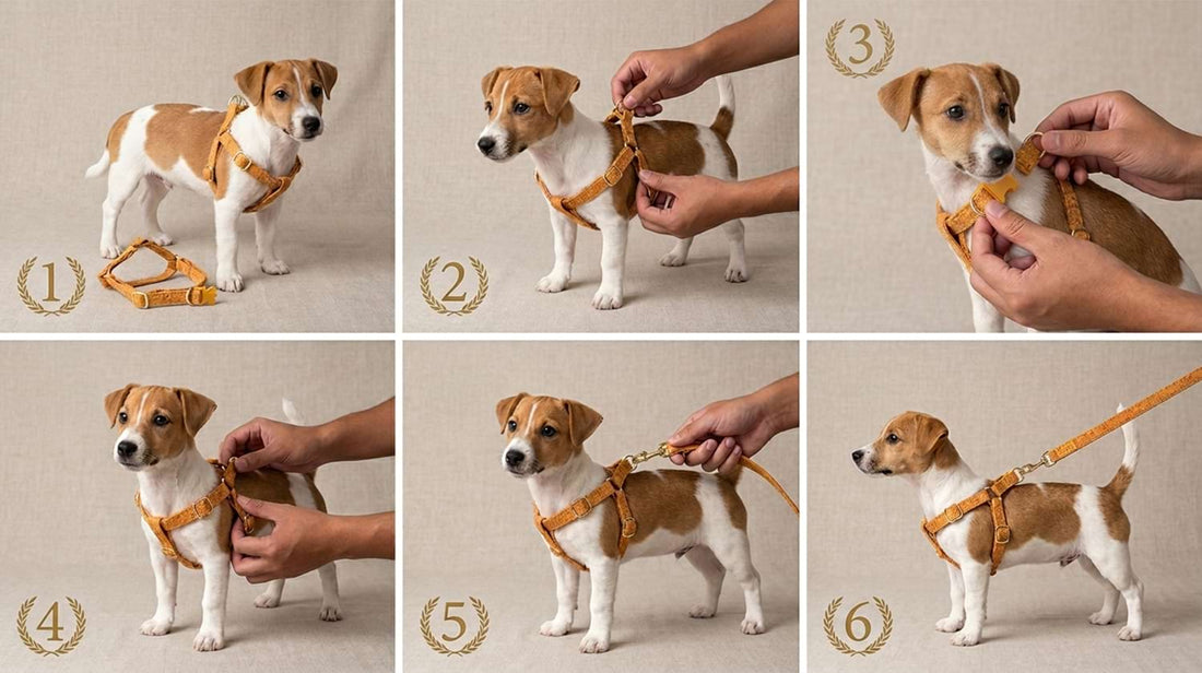 Step-by-step guide on how to put on the step-in dog harness easily, ensuring a secure and comfortable fit for your active puppy.