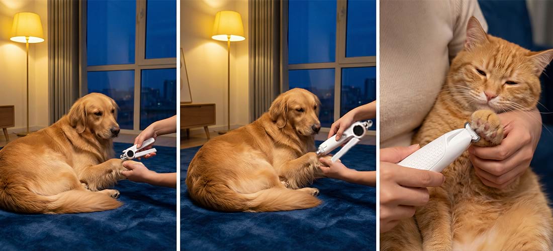 Step-by-step demonstration: clipping Golden Retriever nails safely, smoothing edges with the dog nail grinder, and trimming cat paw hair with the precision blade.