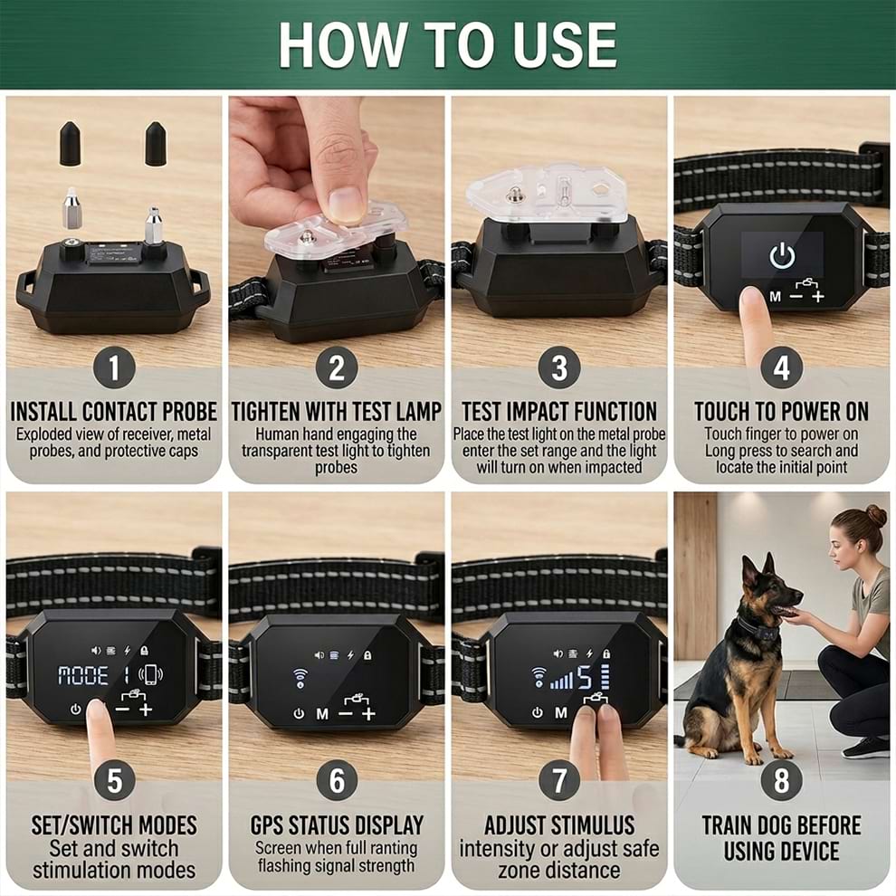 Step-by-step instructions on how to use the wireless pet fence, from installing the contact probe to adjusting safe stimulus intensity.