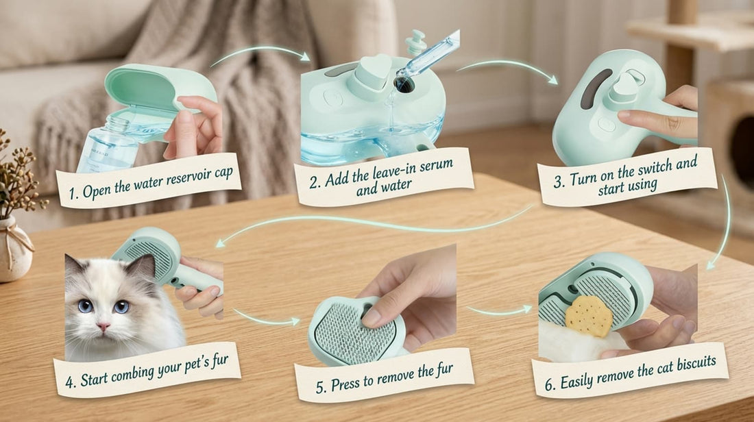 Step-by-step guide on how to use the pet steam brush, from adding water and serum to easily ejecting the collected fur pad.