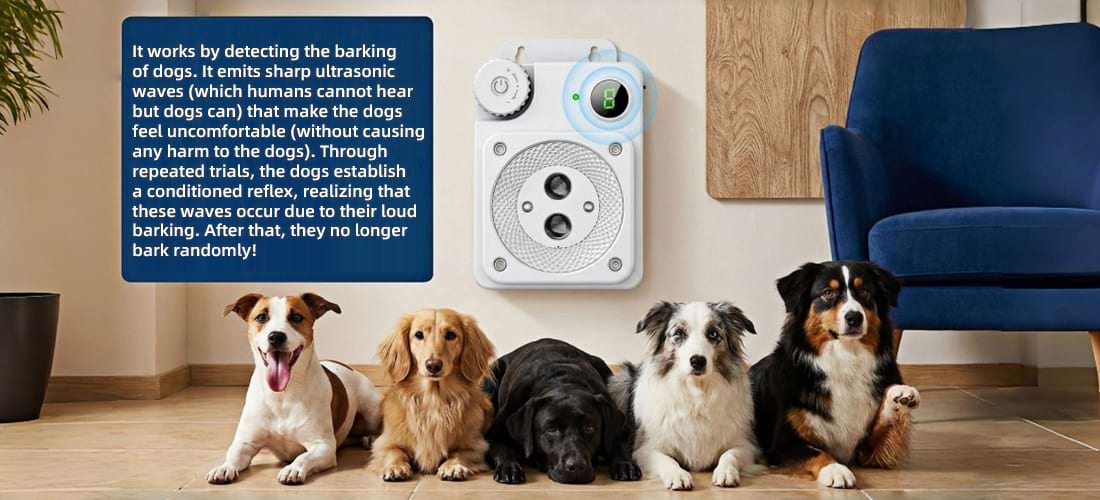 Diagram illustrating the working principle of the Ultrasonic Anti Barking Device. Emits safe sound waves to create a conditioned reflex, resulting in peaceful dogs. A proven Humane Dog Barking Control method for all breeds.