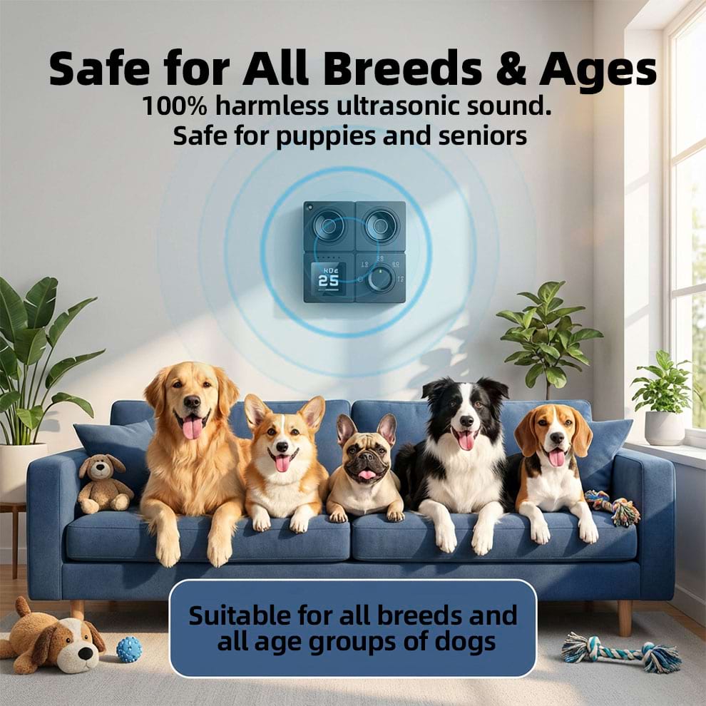 Humane Dog Barking Control suitable for all breeds and ages, using harmless ultrasound that is safe for puppies and senior dogs.