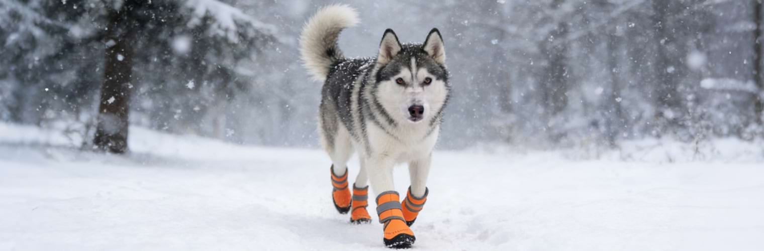 Siberian Husky walking through winter snow wearing Orange high top dog boots, highlighting high visibility and paw protection for active large breeds.