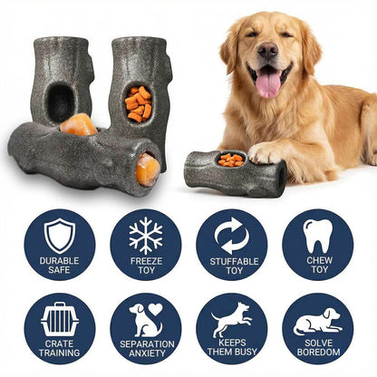 Features of indestructible dog toys including freeze safe material and stuffable design for boredom relief.