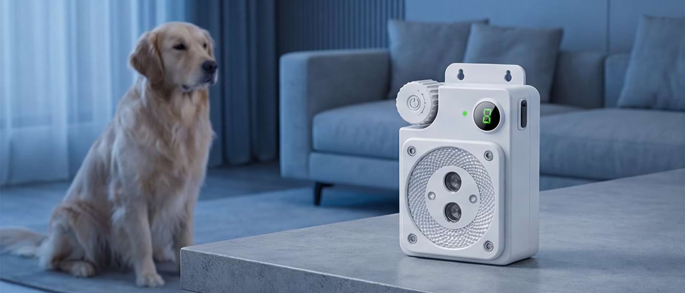 White Indoor Bark Control unit placed on a living room table. Keeps large breeds like Golden Retrievers calm and quiet without disrupting home aesthetics.