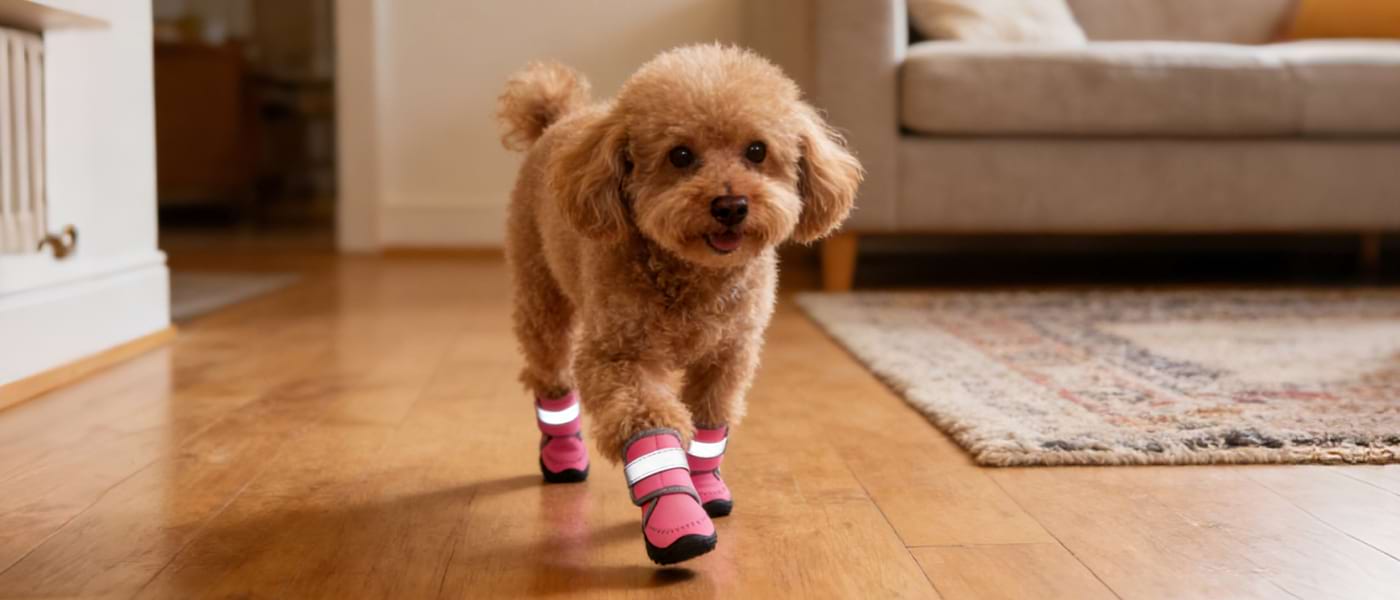 Poodle walking indoors on hardwood floors wearing Rose Red dog shoes, designed to provide non-slip traction and prevent slipping inside the house.