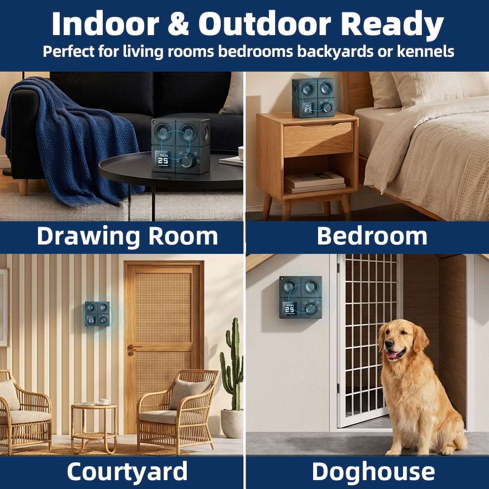Versatile Indoor Bark Control Device shown in living room and bedroom, also functioning as Outdoor Bark Control for courtyards and doghouses.