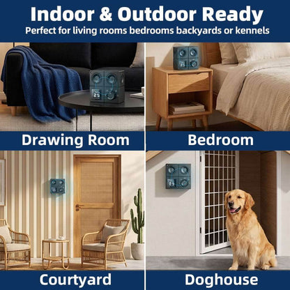 Versatile Indoor Bark Control Device shown in living room and bedroom, also functioning as Outdoor Bark Control for courtyards and doghouses.