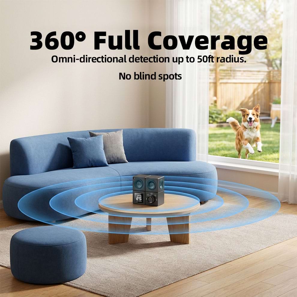 Indoor Bark Control Device placed on table demonstrating 360-degree omni-directional waves for total Ultrasonic Dog Bark Control.