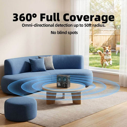 Indoor Bark Control Device placed on table demonstrating 360-degree omni-directional waves for total Ultrasonic Dog Bark Control.
