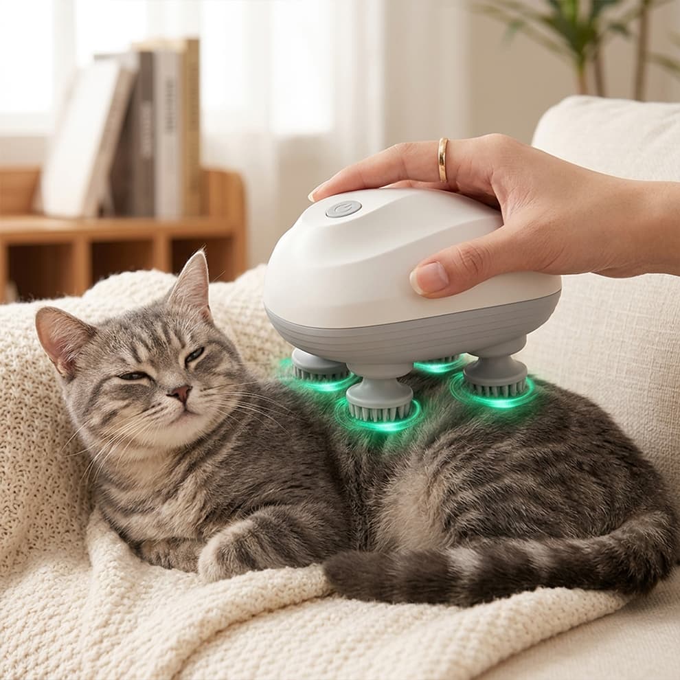 Interactive cat massager providing stress relief to a relaxed tabby cat on a cozy couch, enhancing the pet-owner bond.