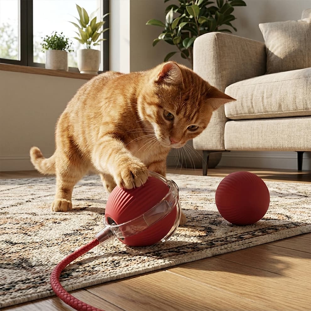 Interactive cat toy engaging an orange tabby cat on a rug, promoting healthy exercise and reducing daily pet boredom.