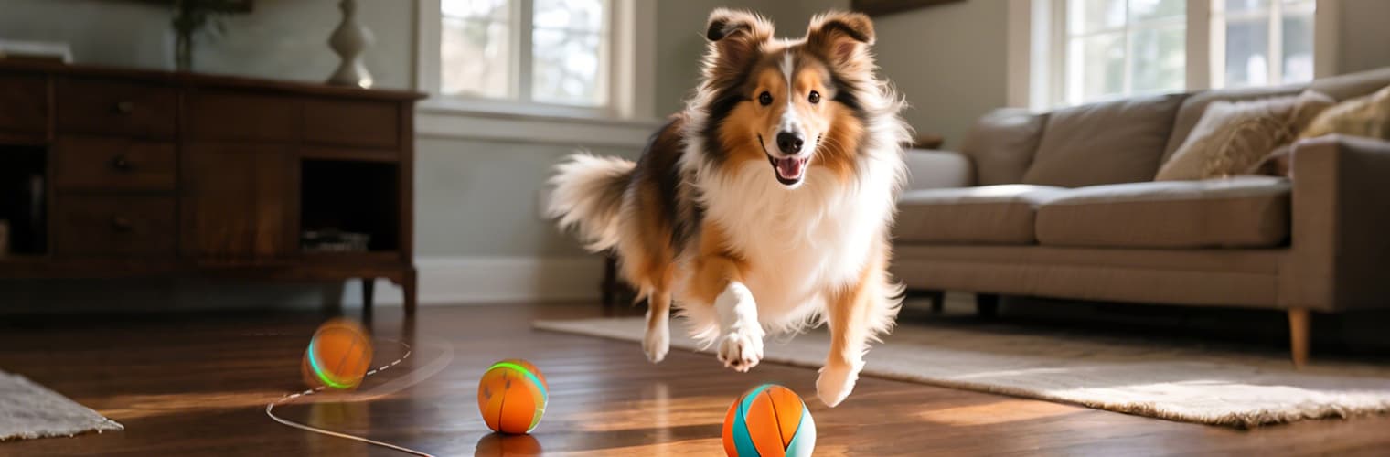 Dog happily chasing glowing interactive dog balls indoors