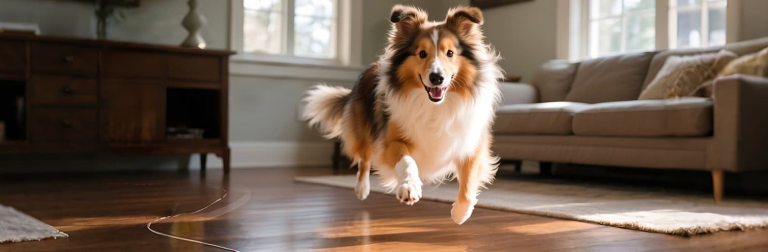 Dog running indoors before playing with interactive dog balls