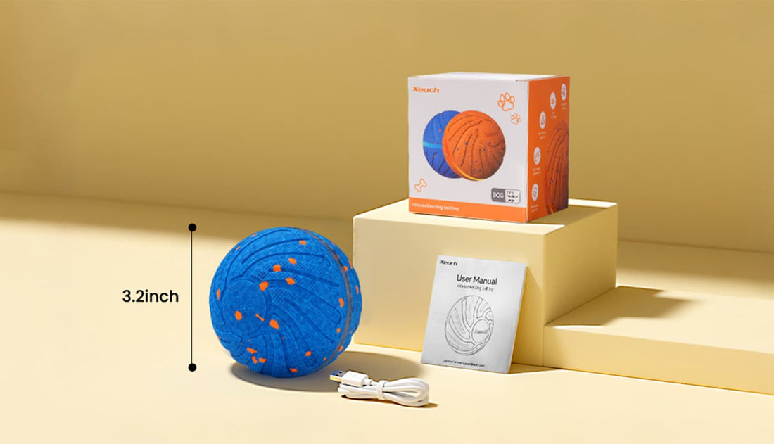 Interactive dog balls package with charging cable, user manual, and box