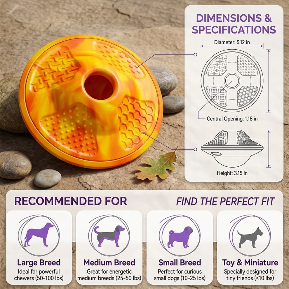Interactive dog puzzle toys size guide, showing the 5.12-inch diameter suitable for large, medium, small, and toy breeds.