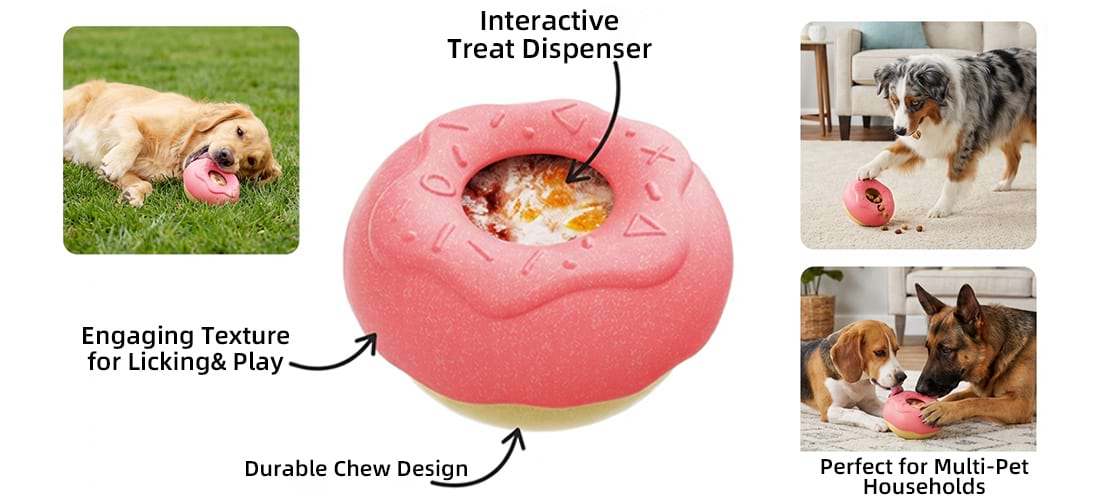 Diagram of the interactive dog treat dispenser features, highlighting the engaging texture for licking and the durable chew design that withstands play in multi-pet households.