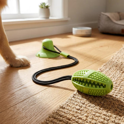 Interactive dog tug toy firmly attached to the floor, allowing a playful Corgi to enjoy a safe and engaging solo tug-of-war game.