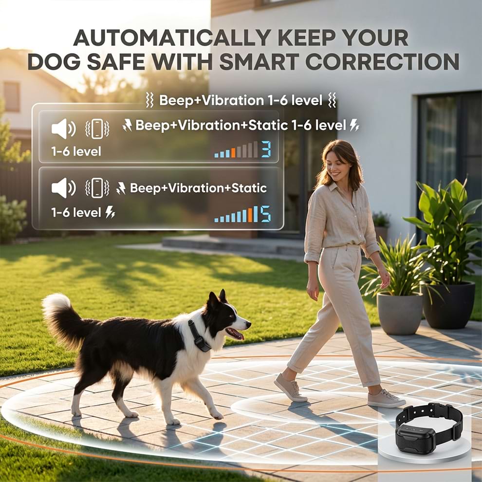 Invisible dog fence system demonstrating automatic boundary correction with 1 to 6 levels of beep, vibration, and static settings.