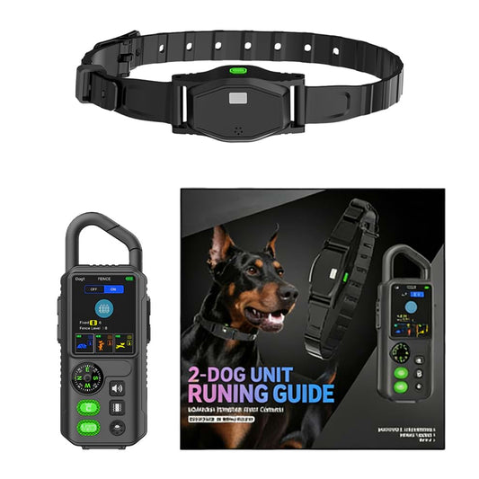 Invisible dog fence for 2 dogs setup, displaying the remote and collar designed as a wireless pet containment system.