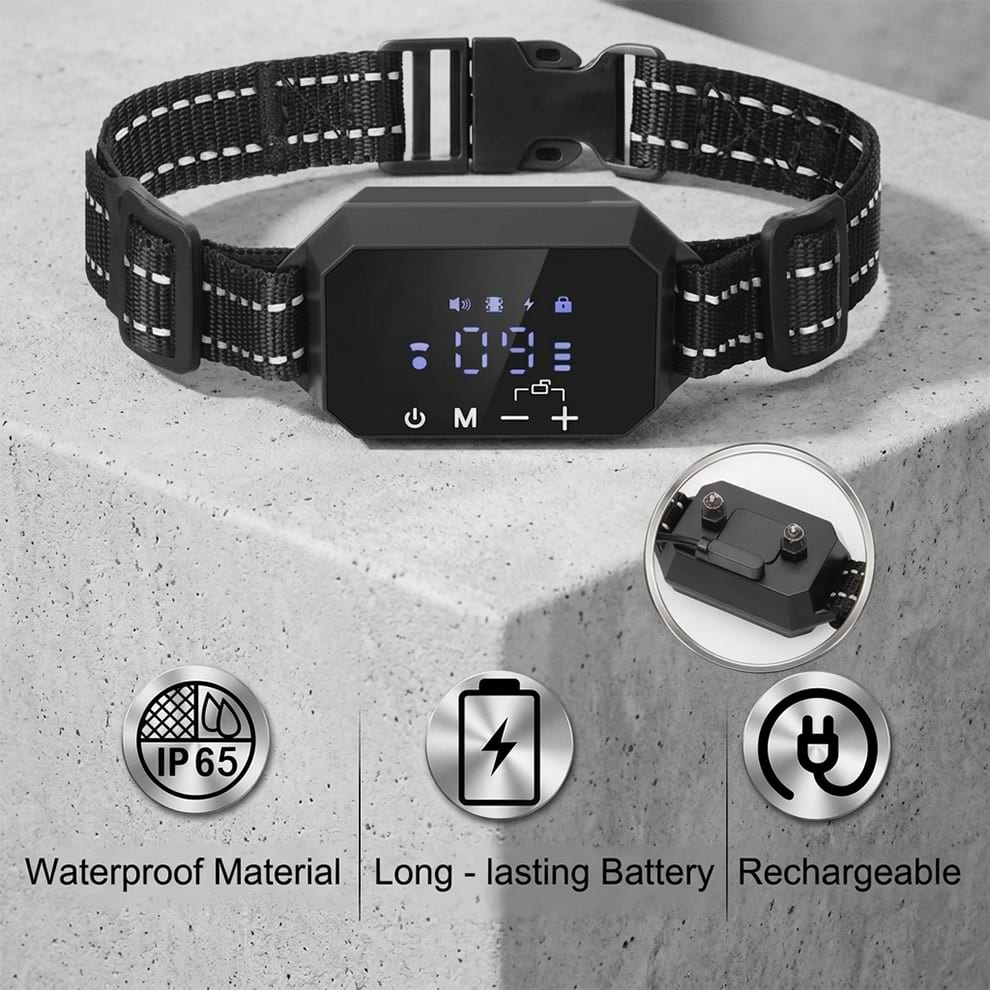 IP65 waterproof material and rechargeable long-lasting battery for the wireless dog fence collar, ensuring reliable outdoor performance.
