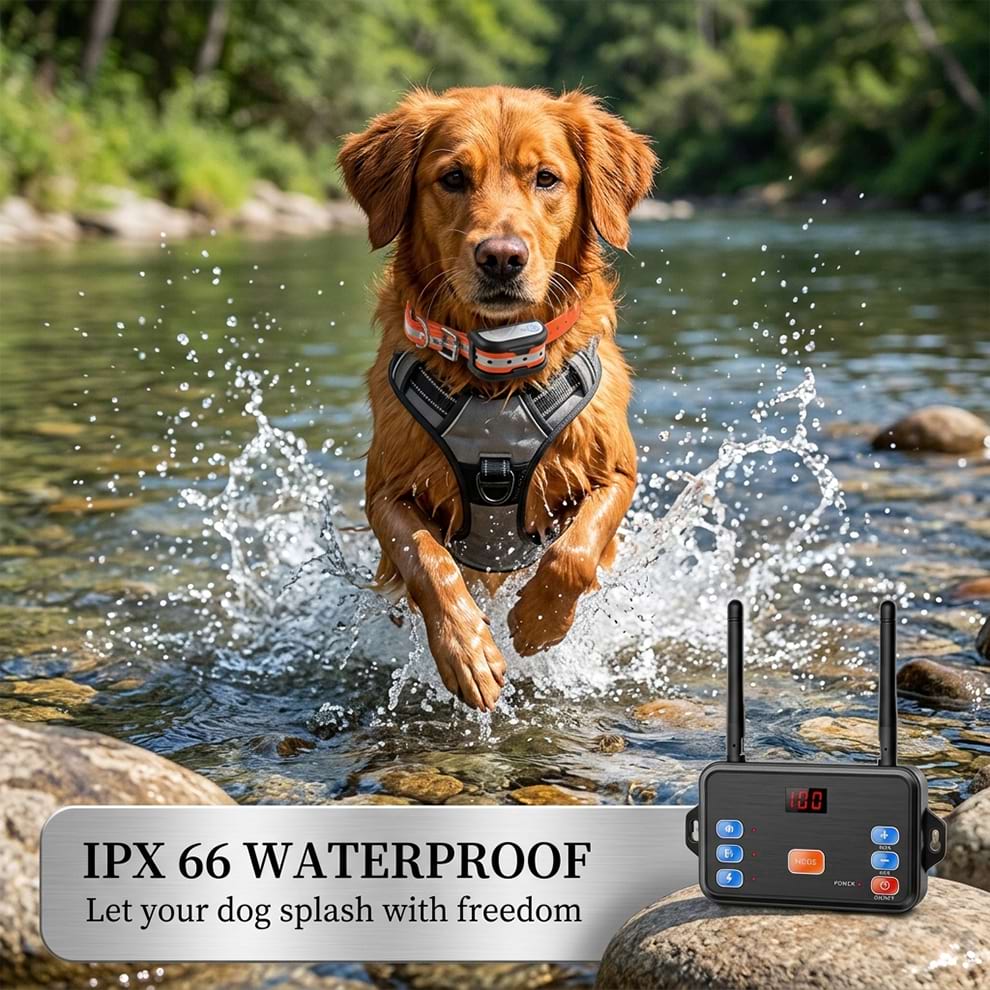 IPX 66 waterproof wireless dog fence collar worn by a Golden Retriever splashing in a river, letting your dog play with freedom.